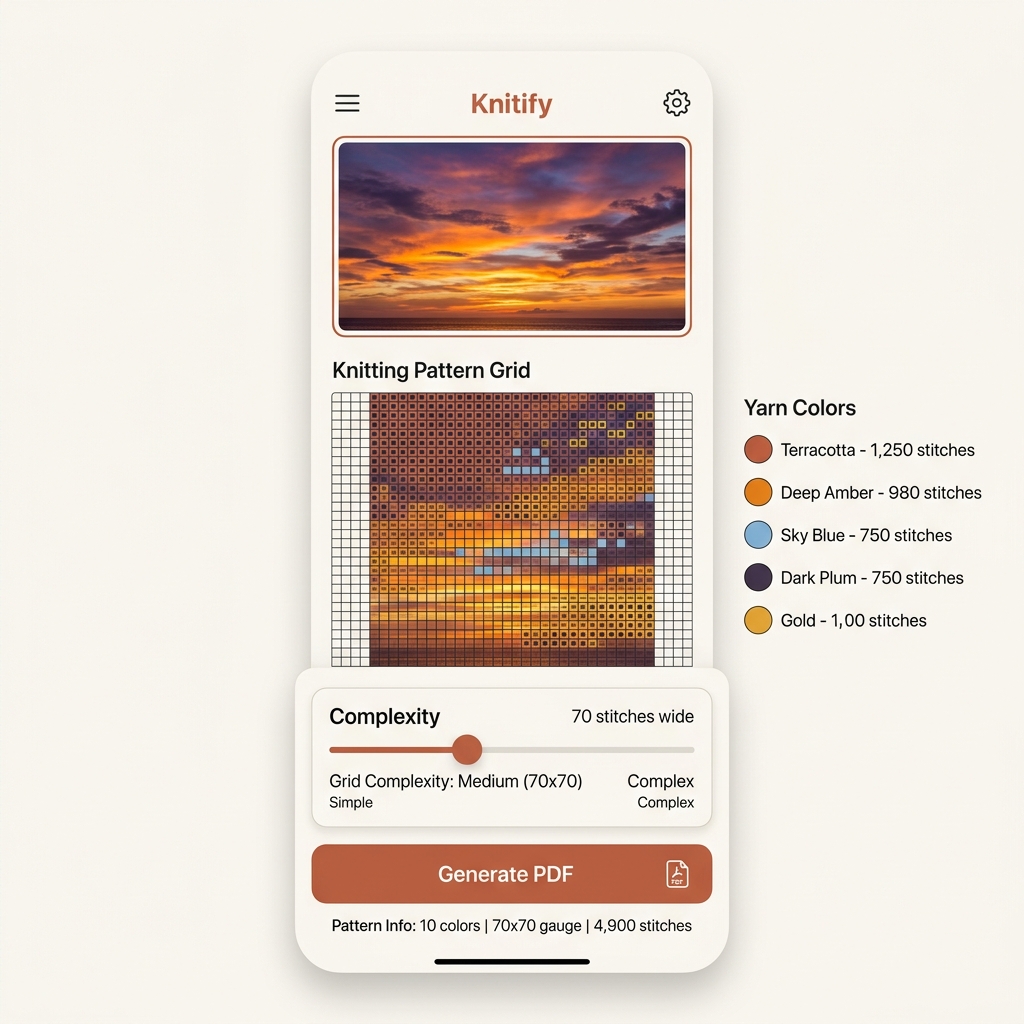 Knitify app showing a photo converted to a knitting pattern grid